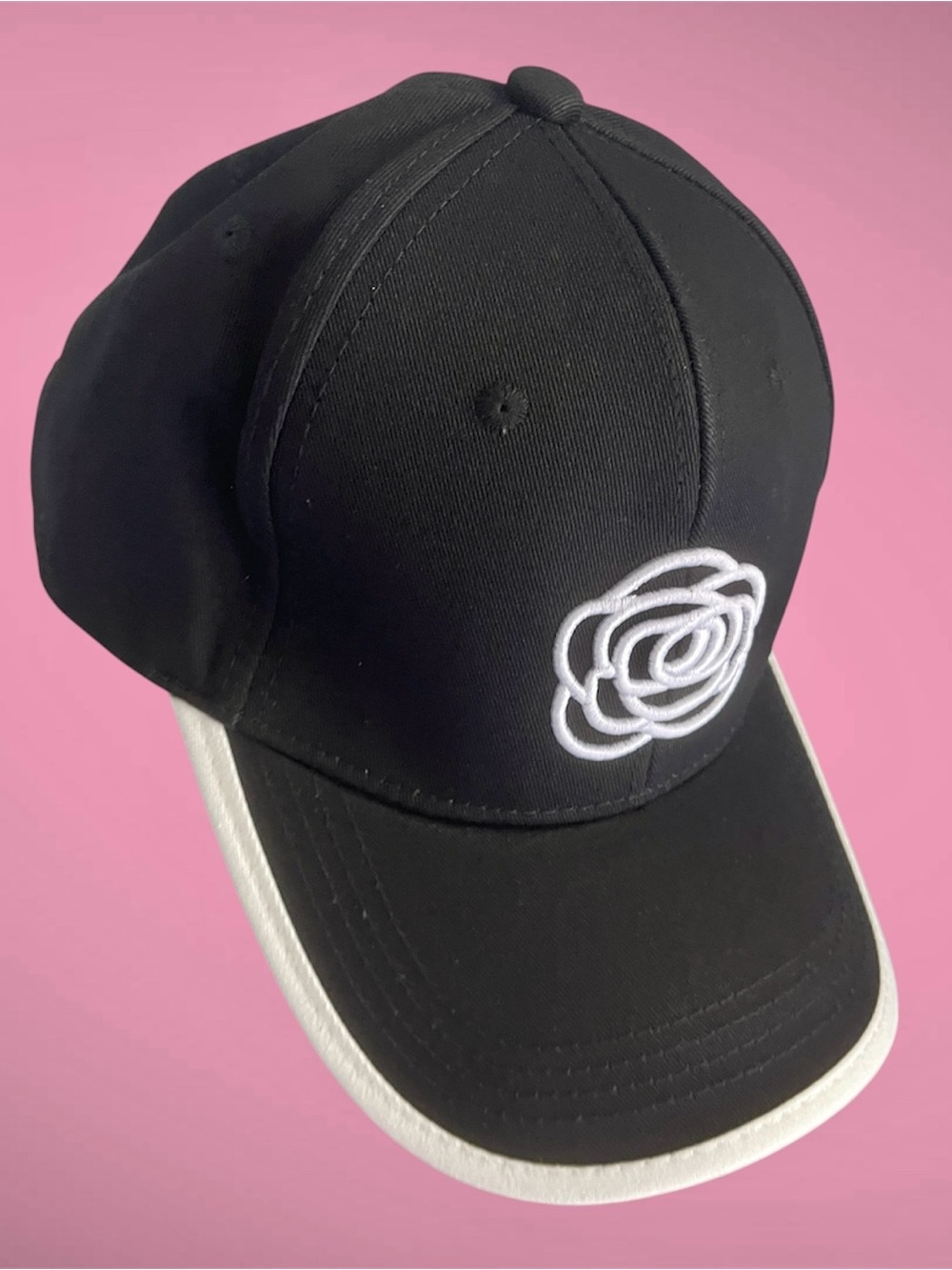 Fun Fashion New Cap Black w/white embroidered Camilla flower/Adjustable